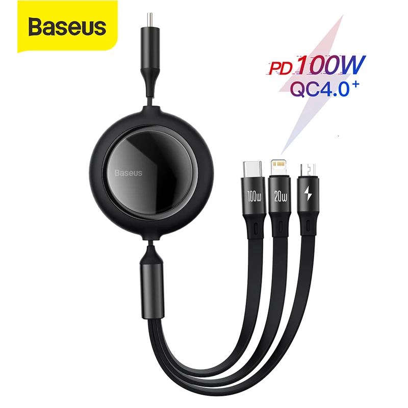 

2022 Baseus 100W 3 In 1 USB C Charge Cable for iPhone 12 120cm Micro USB Type C Cable Retractable Portable Charging Cable for