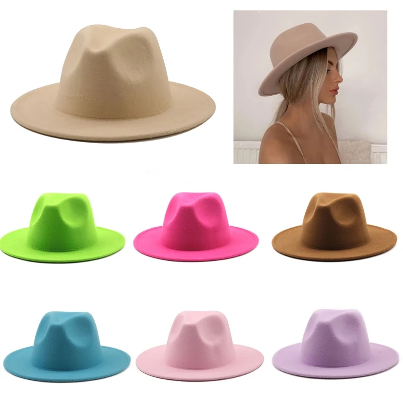 

Classical Wool Felt Wide Brim Fedora Hat Pearl Belt Pink Solid Caps Men Women Winter Derby Wedding Church Jazz Hats