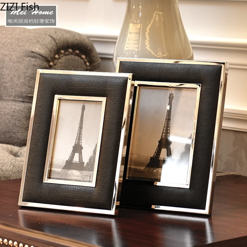 Marco de fotos de cuero blanco y negro para sala de estar, decoraci&oacute;n moderna para el hogar, marco de fotos de aleaci&oacute;n y cuero de cocodrilo de imitaci&oacute;n, regalo para amantes-0