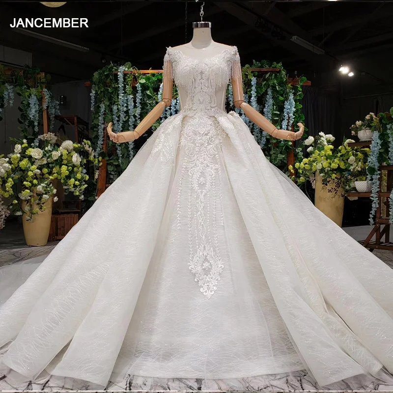 

Кружевное свадебное платье HTL990, свадебные платья с круглым вырезом и коротким рукавом, свадебные платья с бусинами и хвостом, иллюзия сзади,...