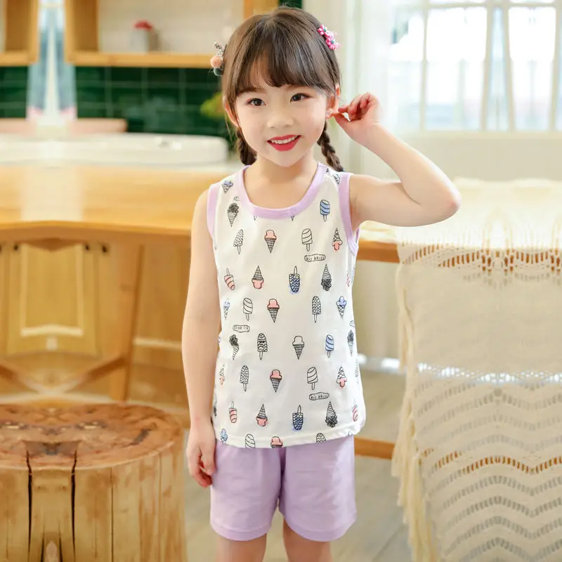 Летний Пижамный комплект для мальчиков и девочек детская одежда костюмы жилет
