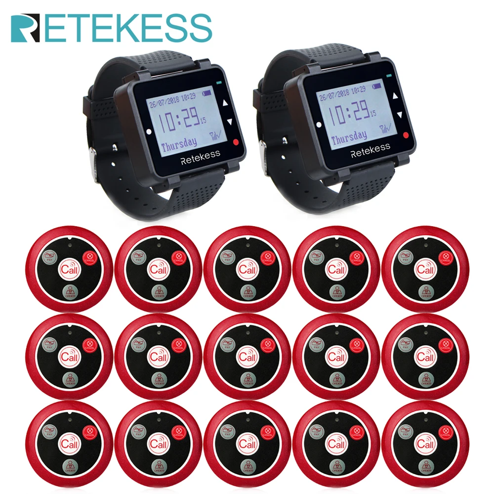RETEKESS Restaurant Pager 2 T128 Watch Receiver + 15 T117 Call Button Wireless Waiter Calling System Customer Service For Hookah