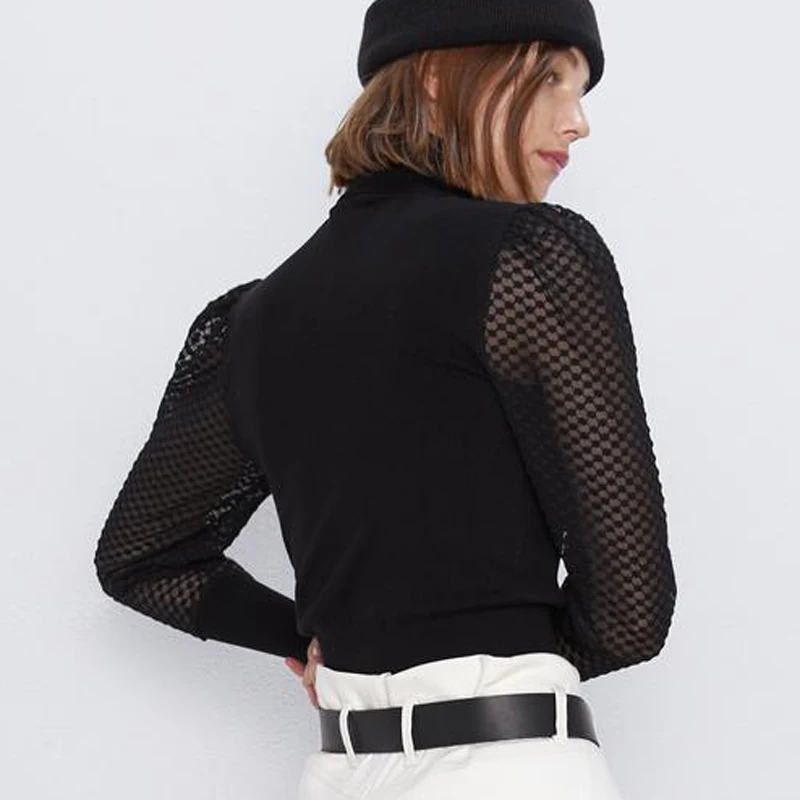 ZOEPO Patchwork Long Sleeve Sweaters Women Fashion Turtleneck Sweater Elegant Slim Translucent Female Ladies IAA | Женская одежда