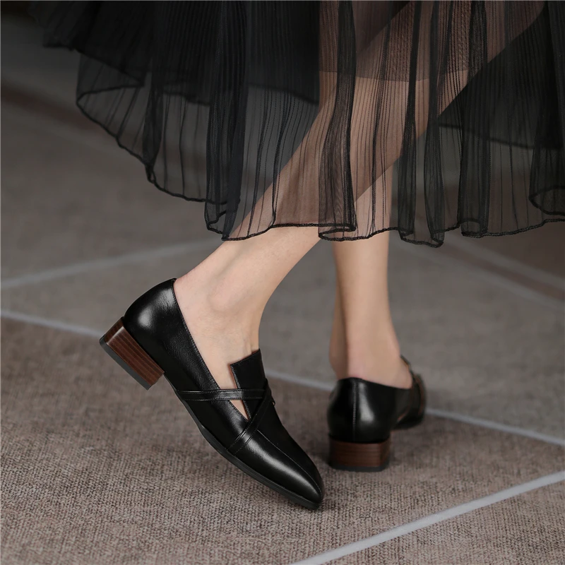 

VERCONAS 2021 Retro Concise Women Genuine Leather Pumps Cross-Tied Spring Casual Low Heels Basic Working Shoes Woman Square Toe