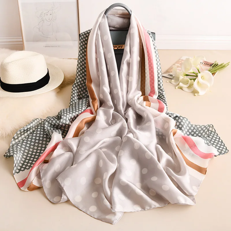 

Luxury Brand Summer Soft Long Silk Scarf For Women Dots Print Sunscreen Scarves Wraps Beach Bandana Foulard Femme Travel Scarf