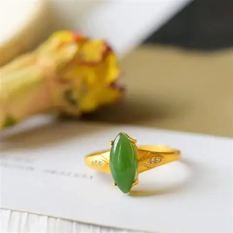 

Natural Hetian Jade Green Jade Horse Eye Open Ring S925 Sterling Silver Gilding Inlaid Natural Jasper Horse Eye Ring for Women