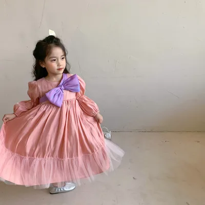 

2021 Spring New Children's Princess Dress Female Baby Solid Long-sleeved Korean Princess Dress Pink Big Bow Long Party Dresses