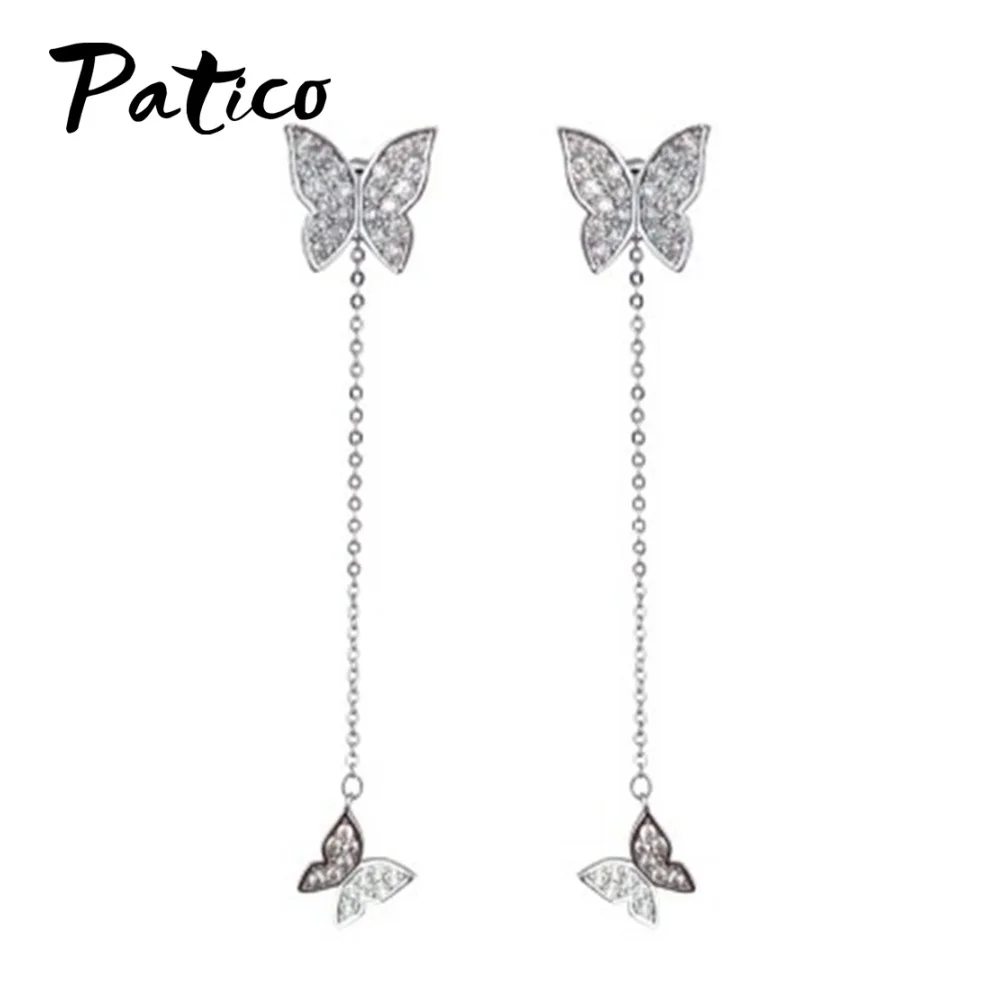 Женские длинные серьги подвески с бабочкой из стерлингового серебра 925 пробы