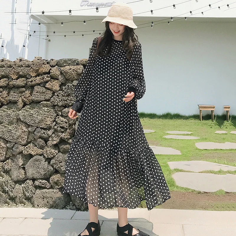 LANMREM Черное женское шифоновое платье с круглым вырезом и длинным рукавом принтом