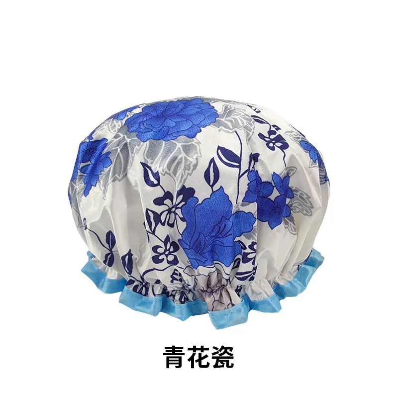 

Women's Double-layer Satin Bath Cap Waterproof Thickened Cap Printing Bathroom Cap Daily Necessities Wholesale Customization