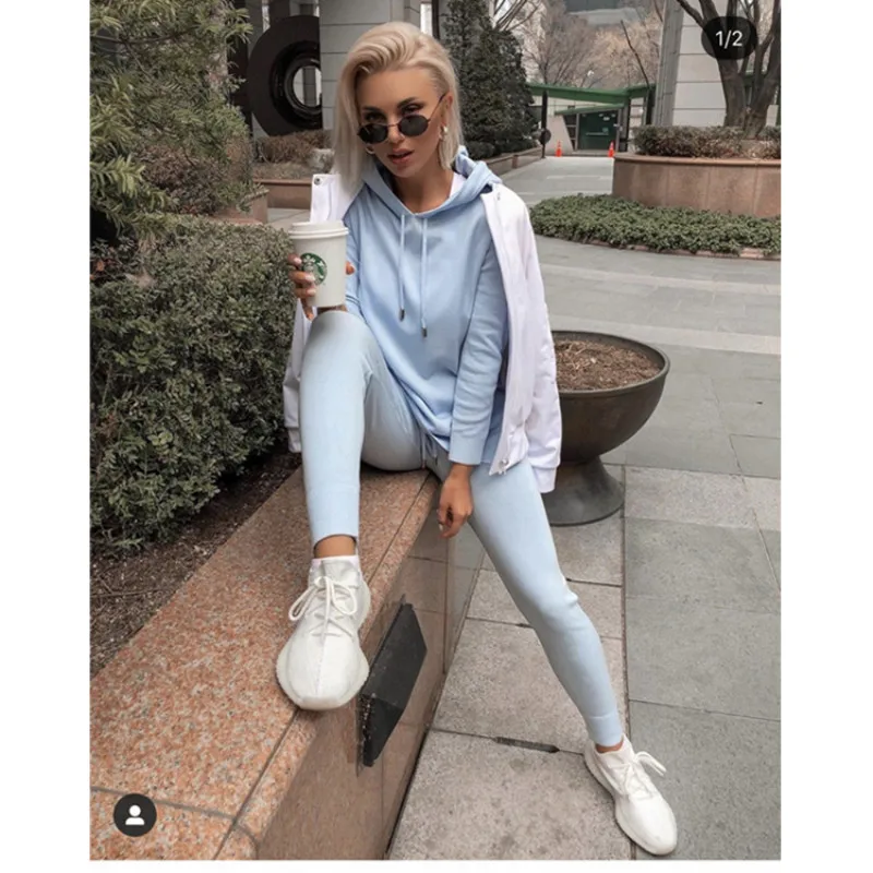 

2020 Autumn New Women's Suit Ice Knit Hoodie + Trousers Casual Two-piece Women Pullover Hooded Full Length Drawstring Solid