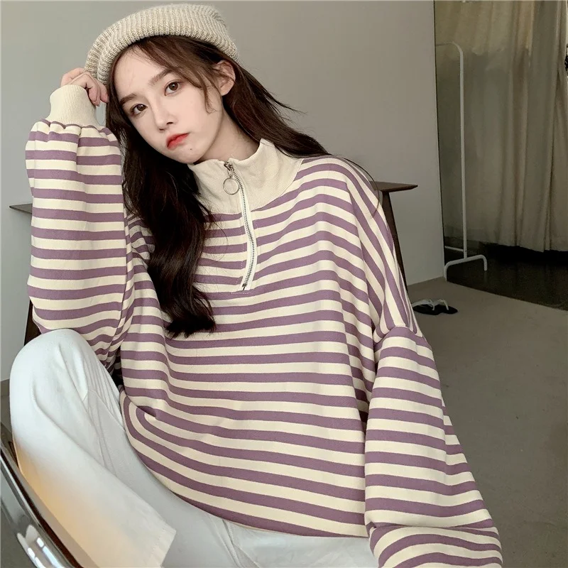 

Autumn 2021 New Korean Loose Blouse Casual Round Neck Pullover Zipper Striped Long-sleeved Sweater Women
