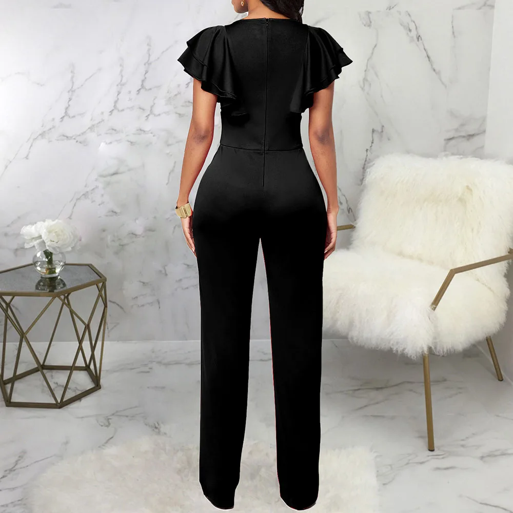 Женский комбинезон с высокой талией элегантный черный V-образным вырезом и