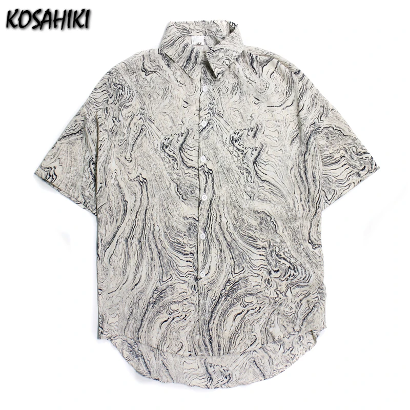 

KOSAHIKI Shirt Women Vintage Print Summer Japanese Style Loose Blouse Female Clothing Turn-down Collar Harajuku Streetwear Tops