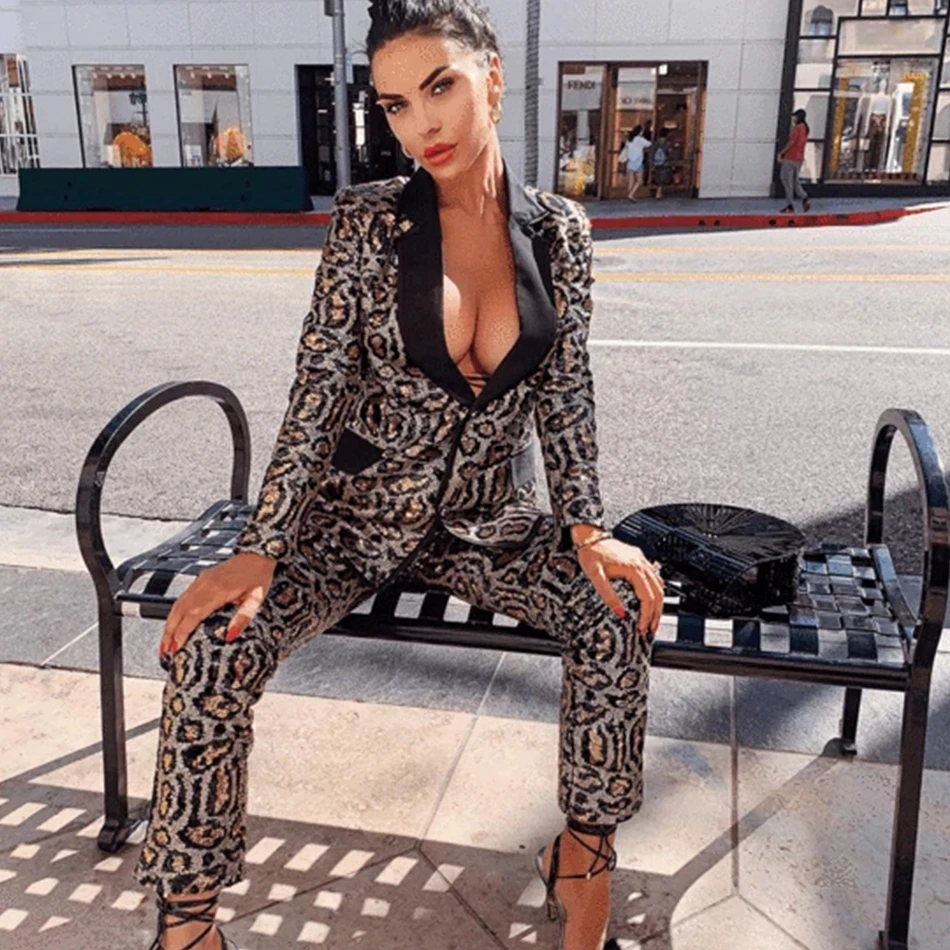 ADYCE 2021 New Autumn Leopard Long Sleeve Sequined Celebrity Evening Party 2 Two Piece Set Sexy V Neck Coat &amp Pant Club | Женская