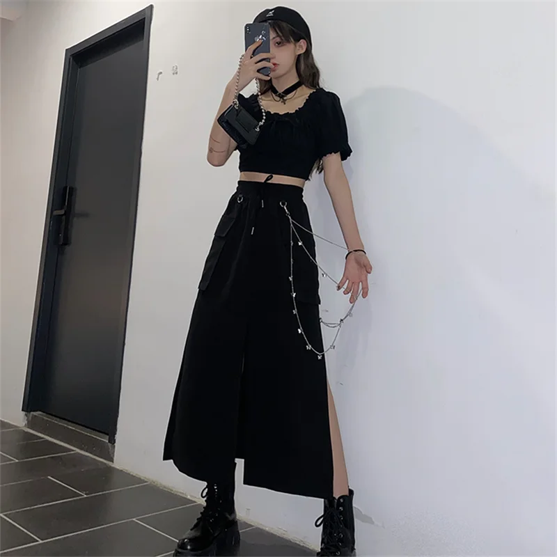 black pencil skirt 2021 New Spring Autumn Women Skirt Fashion Korean style Black Long Skirts with chain side slit Hip hop streetwear plus size mini skirts for women