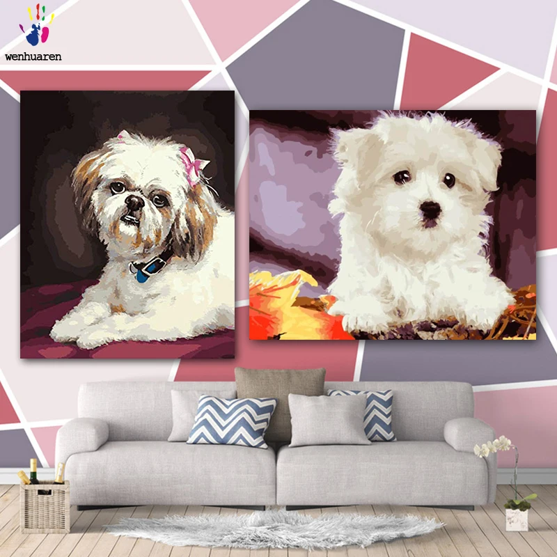 DIY картинки для раскраски по номерам с цветами прекрасная белая собака картина