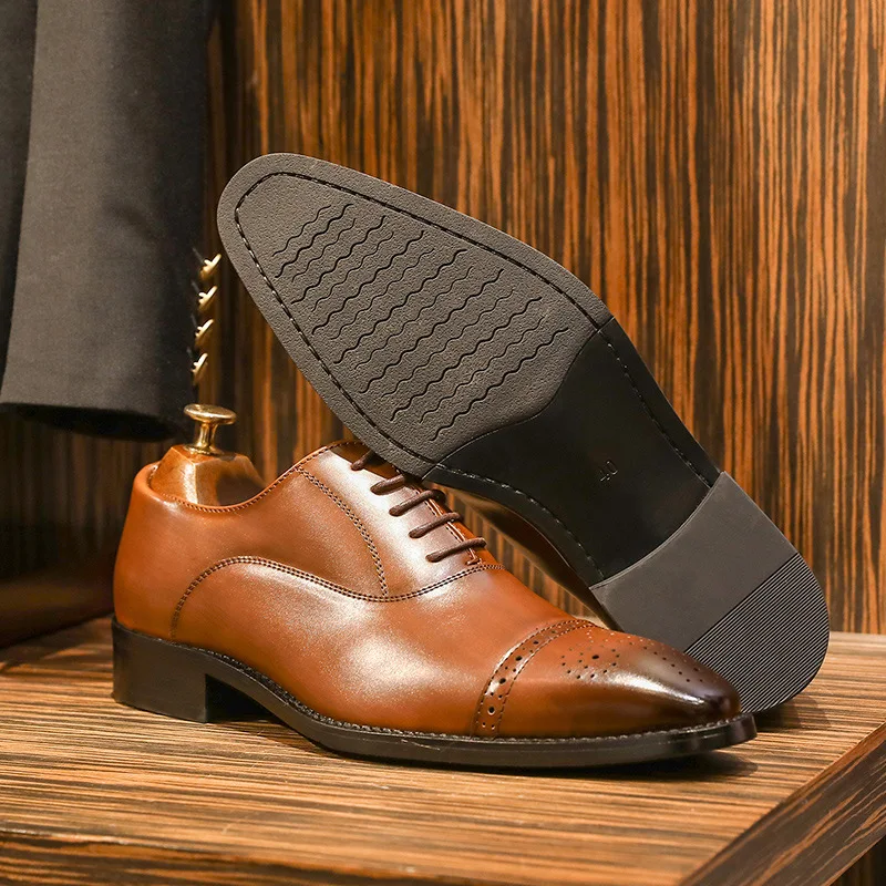 

2021 Cheap Business Casual Dress Shoes for Men Leather Comfortable Lace Up Oxfords with Perforated Formal Shoes for Work
