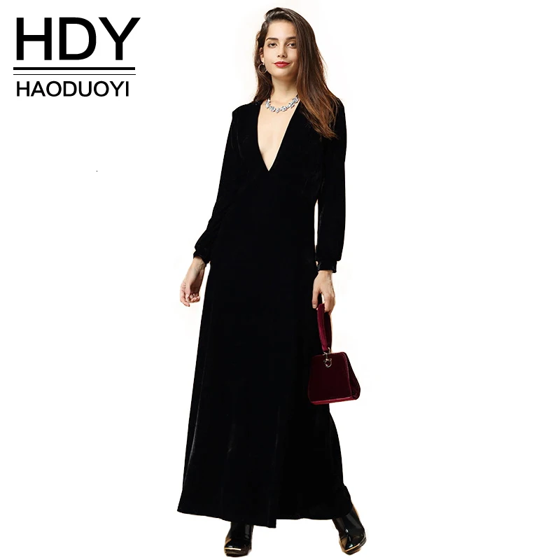 HDY Haoduoyi осеннее модное женское черное бархатное платье макси с длинными рукавами Vestidos Вечернее платье с глубоким вырезом