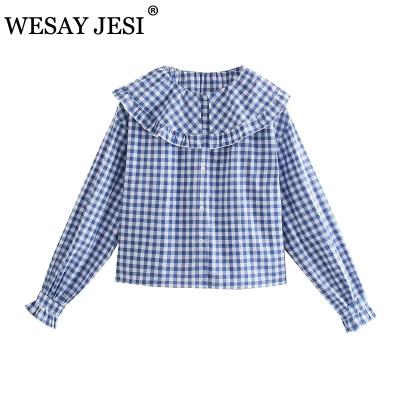 

WESAY JESI ZA Women's Clothes Spring And Autumn TRAF 2021 Plaid Shirt Women's Long Sleeve Breasted Loose Women's Sweet Blouse