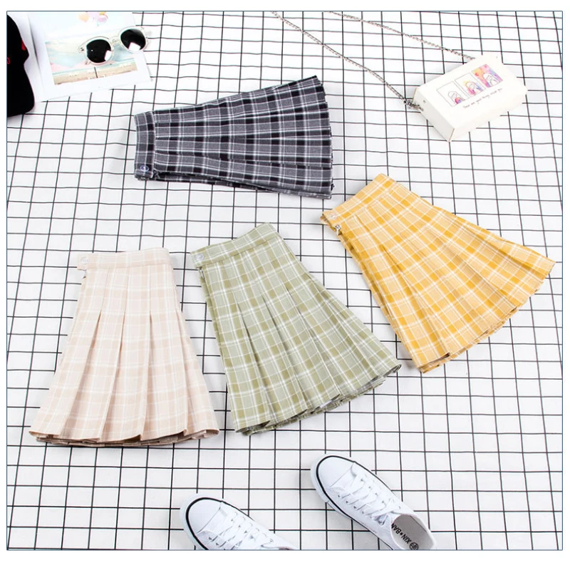 Теннисная юбка 2019 плиссированная в клетку с авокадо стиле колледжа для занятий