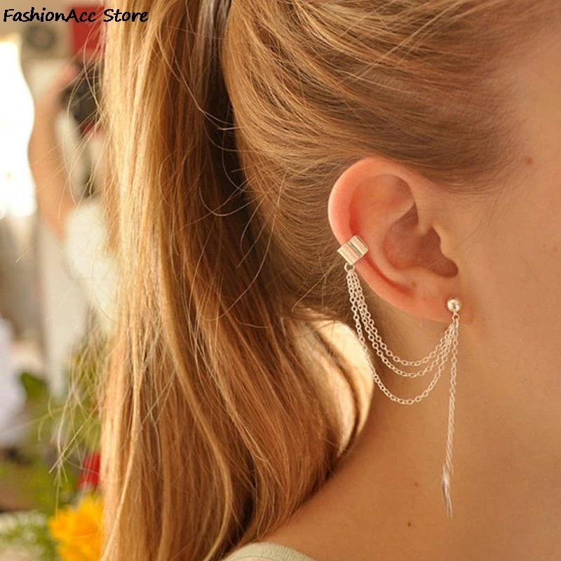 Серьги-клипсы с металлическими листьями и кисточками | Украшения аксессуары