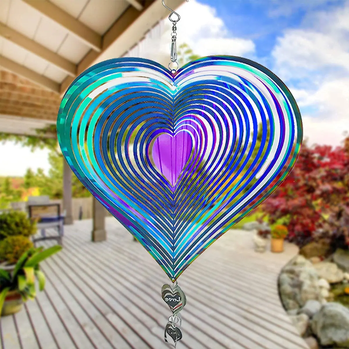

3D Heart Wind Spinner Metal Stainless Steel Heart Wind Catchers with Hook Hanging Rotatable Love Heart Windchimes Art Ornament