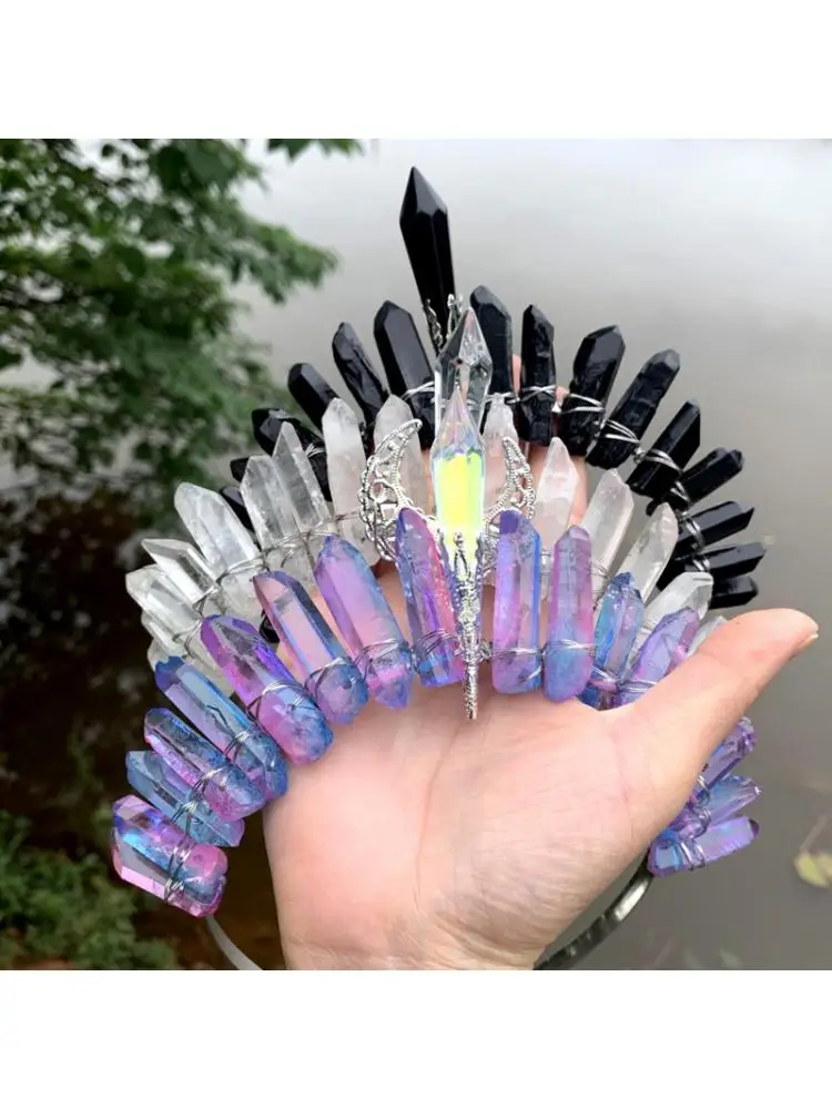 

Natural Raw Crystal Column Forehead Headband Multicolor Quartz Jewelry Tiara Crown Wedding Bridal Party Hair Accessories