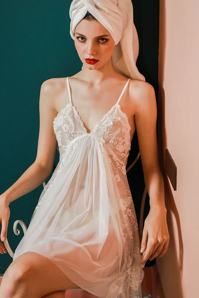 

Spring Summer White Sexy Lingerie Lace Women Nightdress Female Sense Lingerie Short Skirt Mini Nightdress Nightgown Sleepwear