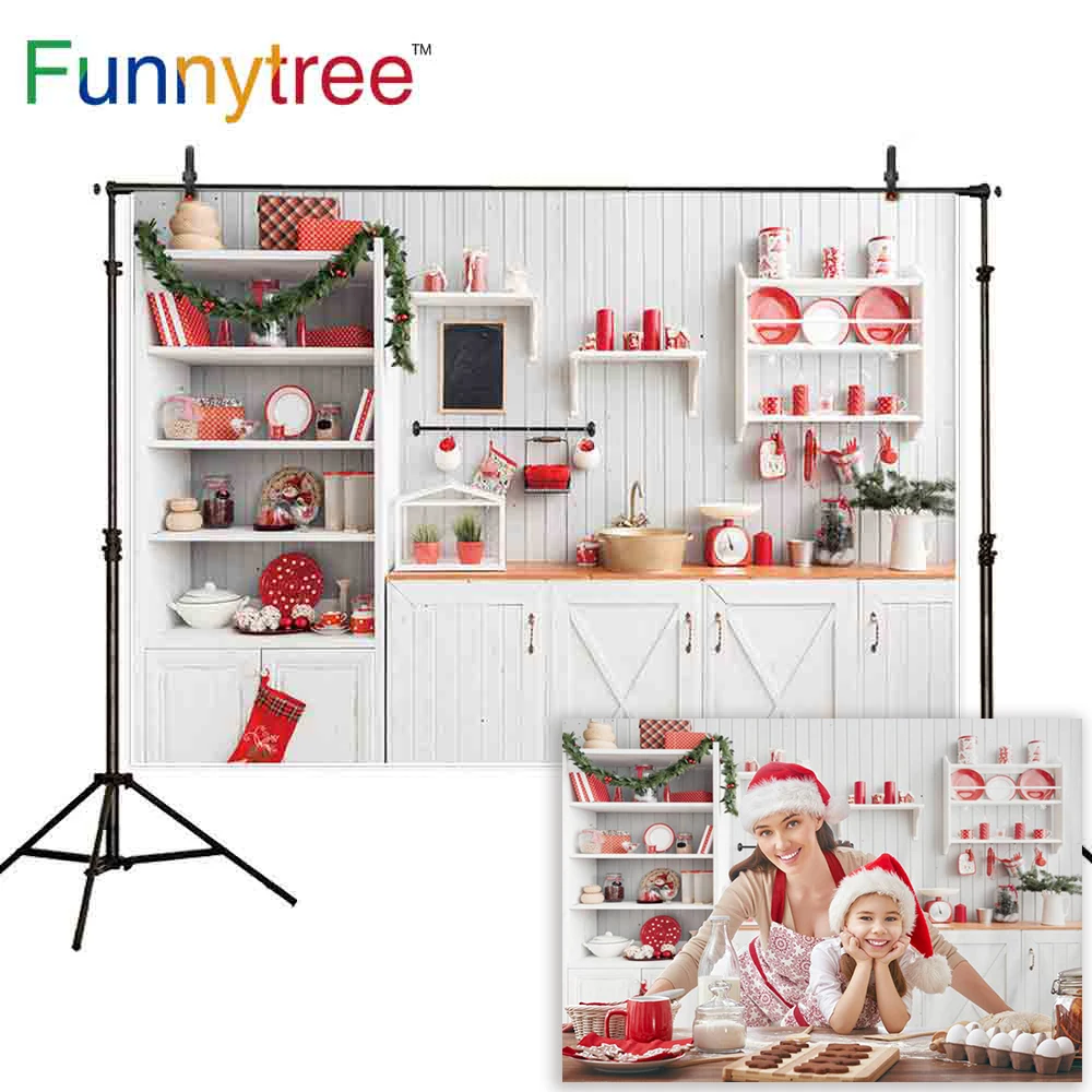 Фон для фотосъемки с изображением рождественской кухни деревянного шкафа