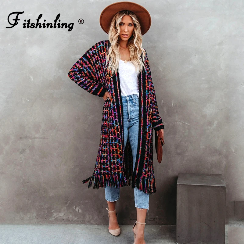

Fitshinling Bohemian Vintage Women's Cardigan Winter Clothing Fringe Colorful Slim Long Jacket Female Fashion Knitted Coat New
