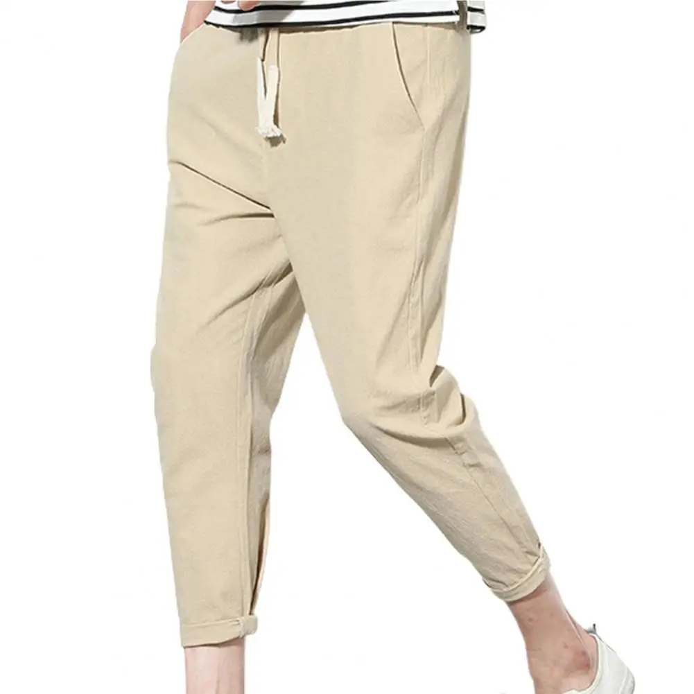 

Solid Color Men Pants All Match Elastic Waist Pockets Drawstring Oversize Pants Trousers