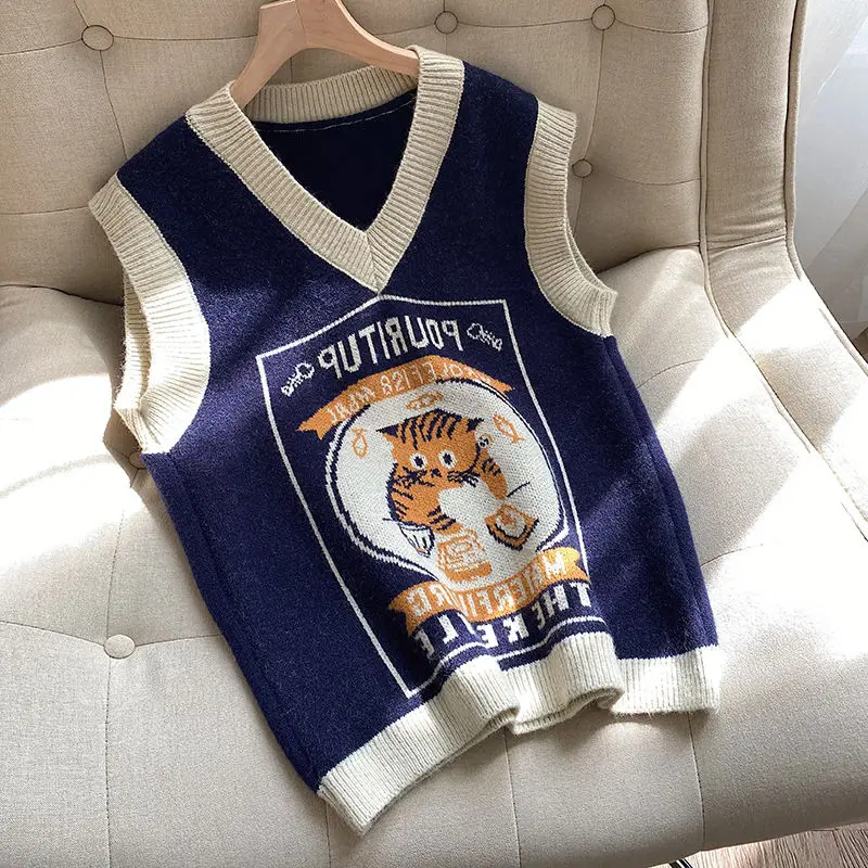 Женский винтажный свитер повседневный Свободный пуловер без рукавов в японском