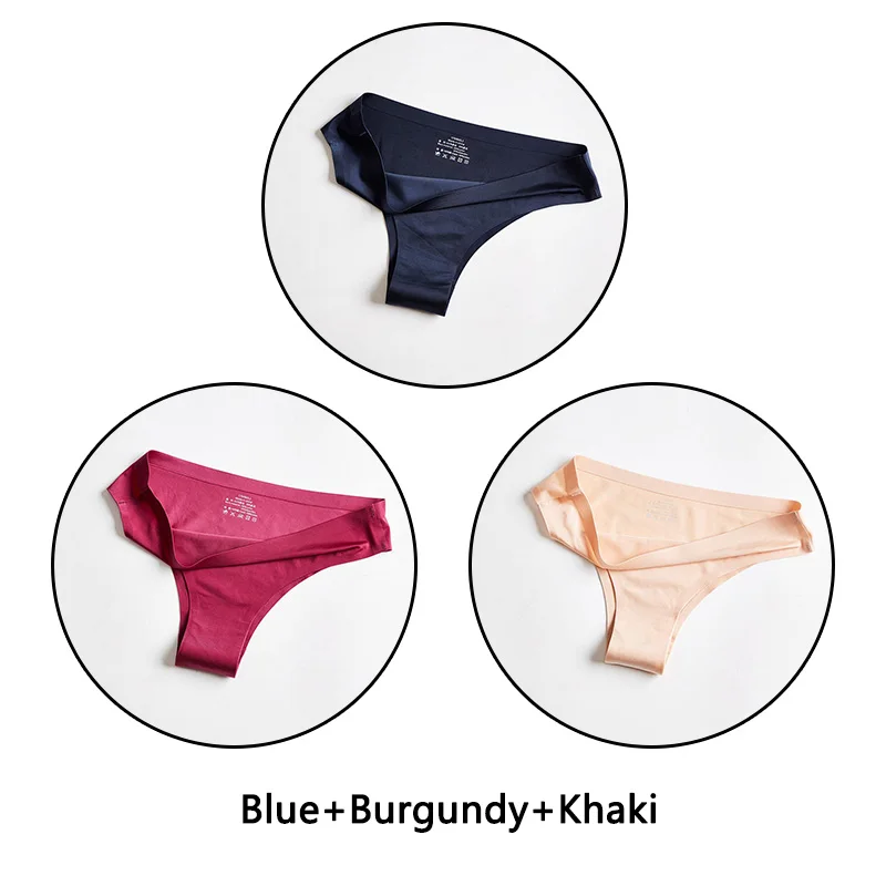 Blue Burgundy Khaki 3 шт./партия, бесшовное женское нижнее белье, мягкие шелковые трусы, сексуальное женское белье, одноцветные трусы M-3XL трусы большого размера - Цвет: Blue Burgundy Khaki