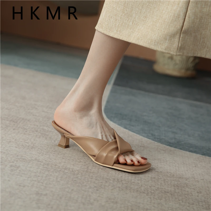 

2021 Woman Genuine Leather Sandals Slipper summer New Style Square Toe Solid color Comfortable Fashion Concise Mature working