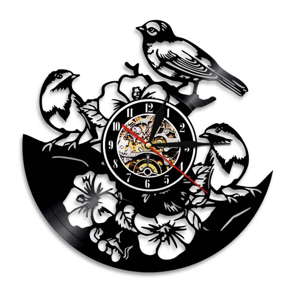 Sparrow Resting On Branch Laser Cut Album Wall Clock Adorable Birds With Flower Vinyl Record Clock Natural Artwork Home Decor