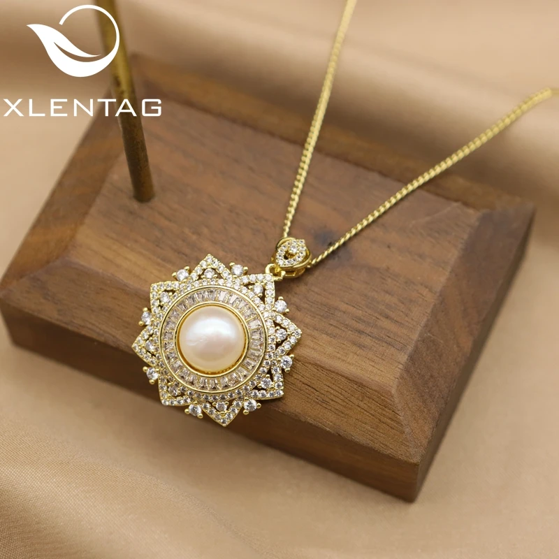 Xlentag Brass Gold-Plated Snowflake Inlaid Zircon Freshwater Pearl Necklace Woman Christmas Luxury High-Quality Jewelry Gn0366 | Украшения