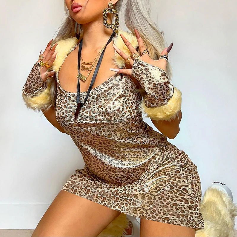 

Wome Sexy Suspender Short Dress Fashion Leopard Skinny Dress With Gloves + Leg Warmer Night Club Party Dress