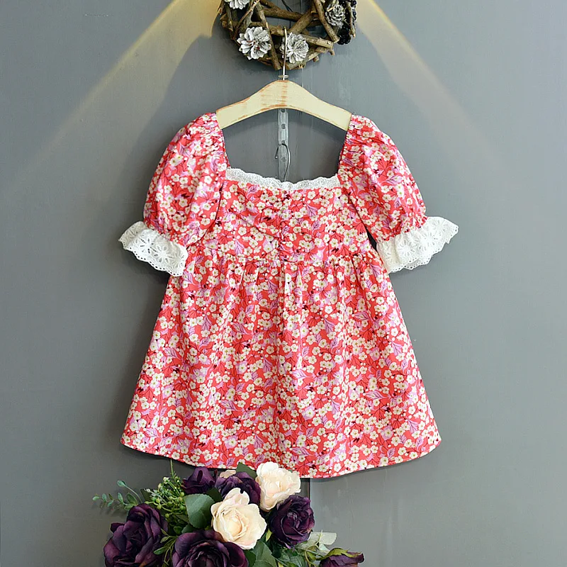 

Summer Girls' Dress Retro Pastoral Temperament Short-Sleeved Lace Stitching Floral Princess Dress Baby Kids Children'S Clothing