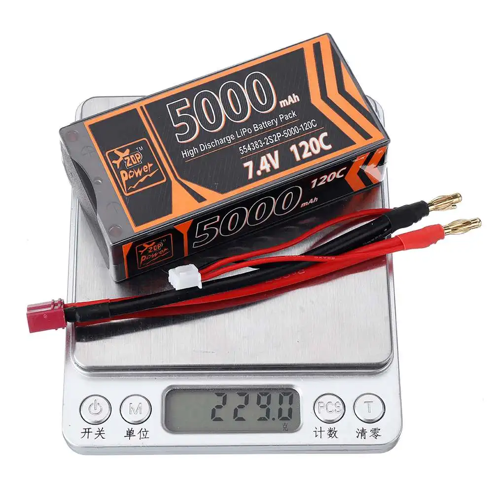 

ZOP Power 7.4V 5000mAh 120C 2S Rechargeable Lipo Battery for RC Models Toys RC Car DIY Replacement w/ T Deans Plug Hard Case