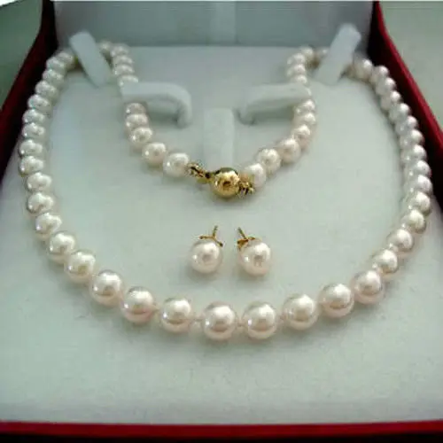 

8-9MM Real Natural White Akoya Cultured Pearl GP necklace earrings set AAA