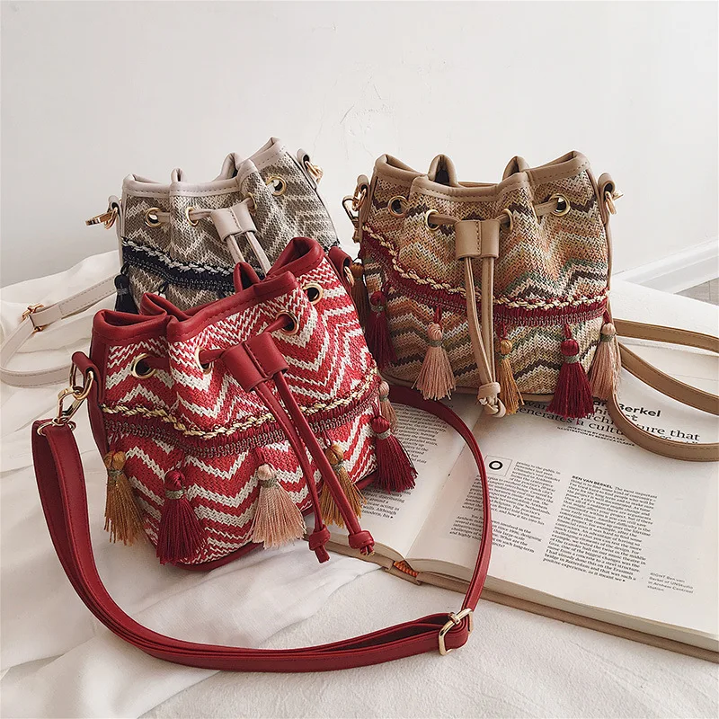

2020 Women Crossbody Personality Chinese style Handbag Bohemian Shoulder Bucket bag Drawstring bag Lady Handmade Weaving Totes