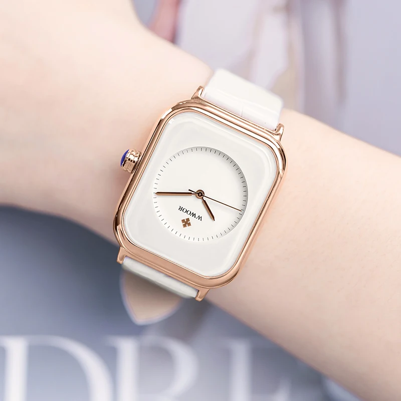 

Fashion Women Watches 2020 WWOOR Brand White Leather Rectangle Minimalist Watch Ladies Quartz Dress Wrist Watches zegarek damski