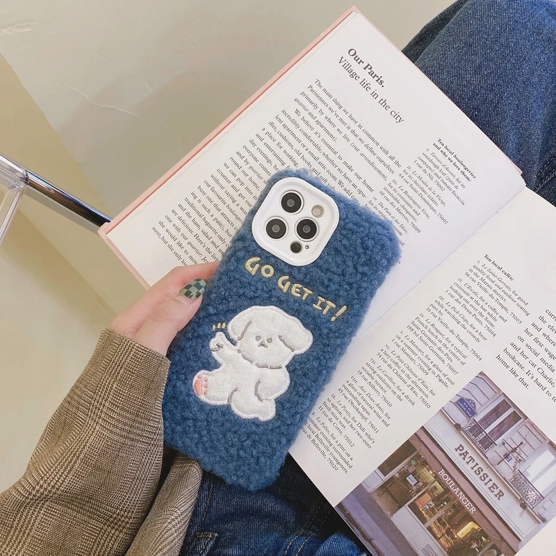 

Cute Dog Warm Lamb Plush Fabric Phone Case For iPhone 13 12 11 Pro Max X Xs Max Xr 7 8 Plus Cases Fuzzy Soft Back Cover Coque