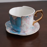 luxury enamel faience blue and white porcelain coffee cup sauce set bone china afternoon flower tea cup with gift box