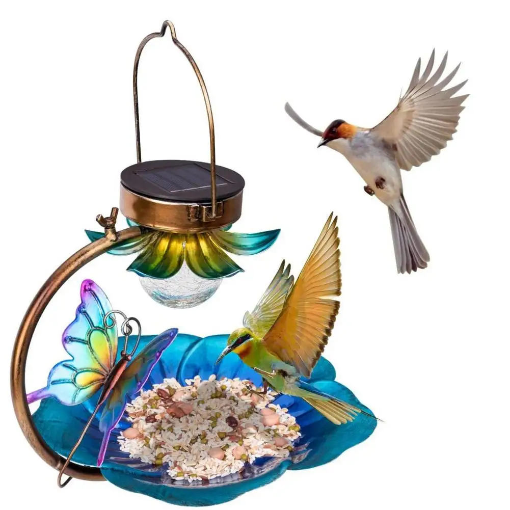 

Solar Bird Feeder Durable And Not Easy To Rust Hanging Wild Birdfeeders Seed Tray With Solar LED Light Outdoor Garden Art Feeder