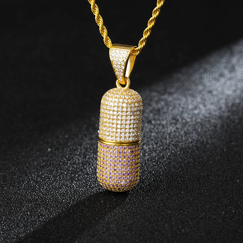 

Hip Hop Fashion Jewelry Pill Pendant Necklace Can Open Capsules Pendant Cubic Zircon Copper Necklace Iced Out Bling Detachable