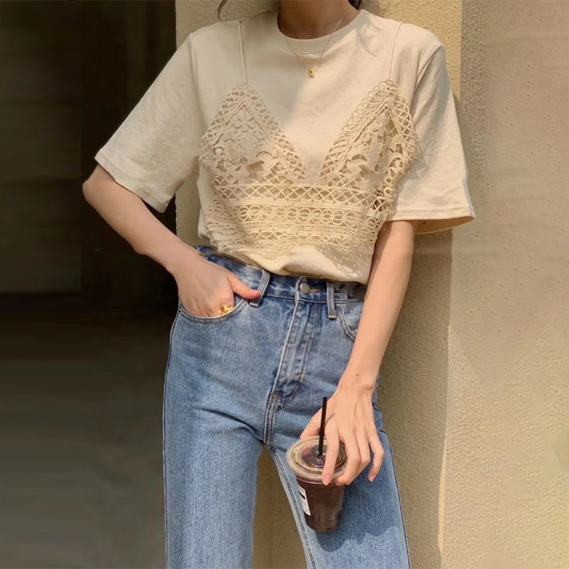 

Lace Hollow Streetwear Patchwork Fake-Two T-Shirt Embroidery Camis O-Neck Basic Tee-Shirts Top Femme Short Sleeve Pullover T-Top