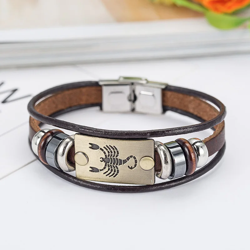 Drop Shipping Hot Sale Fashion 12 Zodiac Signs Bracelet for Men Stainless Steel Clasps Genuine Leather Cuff Romantic Jewelry | Украшения и