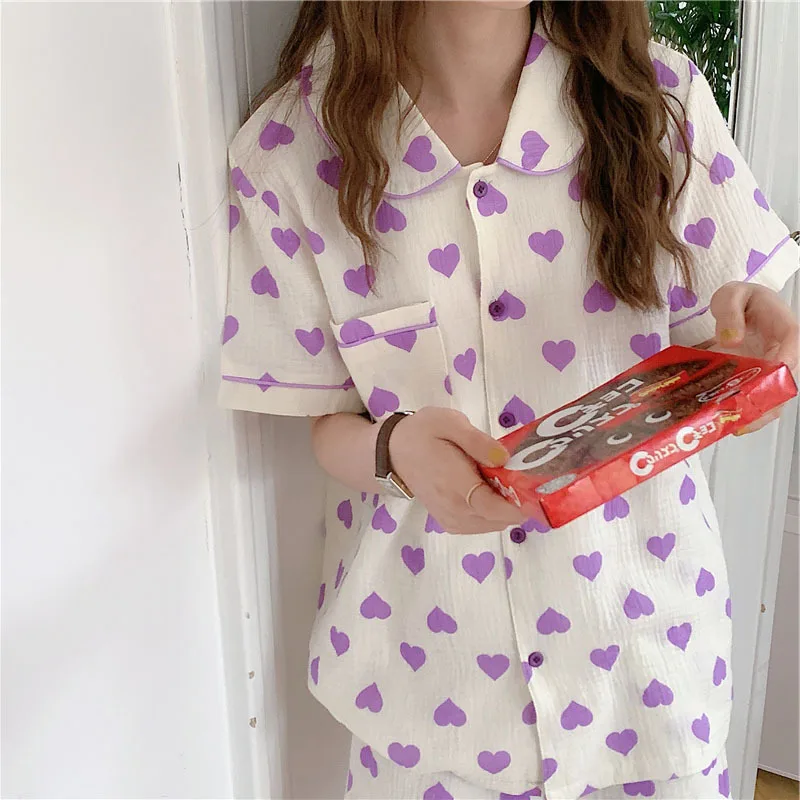 Pajamas Women's 2021 Summer New Korean Cotton Nightgown Gauze Short Sleeve Cardigan 2Pcs Home Clothes Female Sleepwear Nightwear